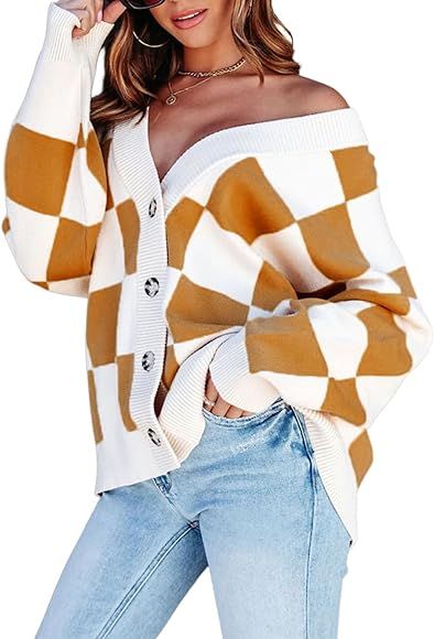 Dokotoo Womens Plaid V Neck Button Down Long Sleeve Cable Knit Oversized Cardigan Sweaters Tops | Amazon (CA)