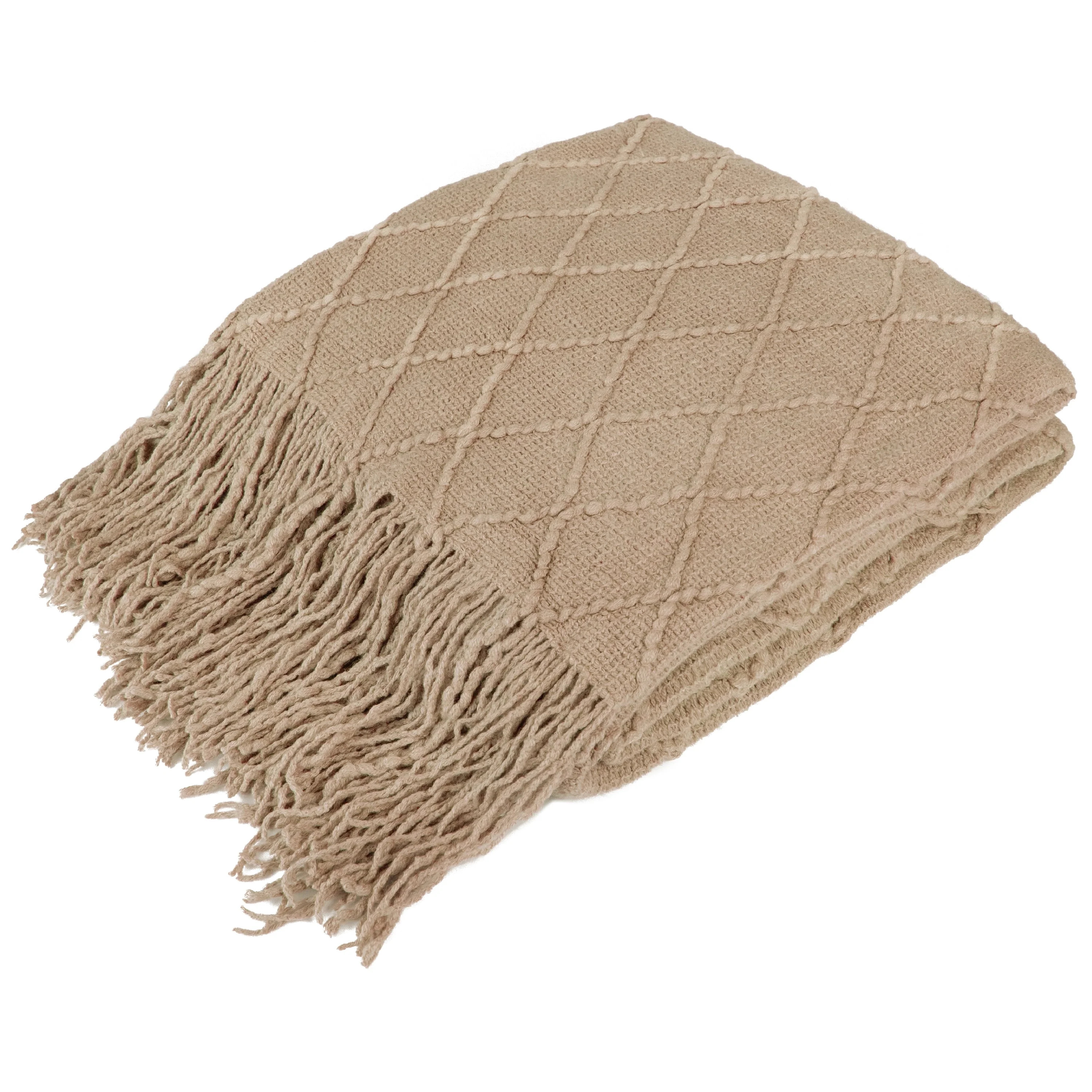 PAVILIA Knitted Throw Blanket Fringe Tan Taupe Beige Camel | Decorative Tassel Boho Farmhouse Decor Couch Bed Sofa Fall Outdoor | Woven Modern Textured Afghan Soft Lightweight Cozy Acrylic 50x60 | Walmart (US)