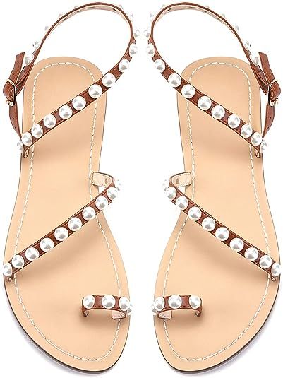 JF shoes Women's Crystal with Rhinestone Bohemia Flip Flops Summer Beach T-Strap Flat Sandals | Amazon (US)