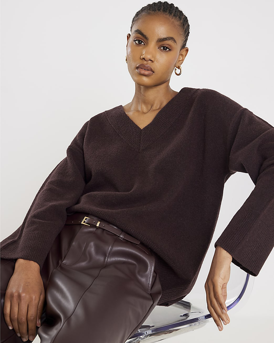 Brown Knitted V Neck Jumper | River Island UK & IE