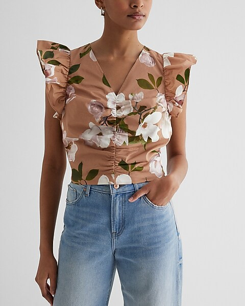 Floral V-Neck Flutter Sleeve Ruched Top | Express