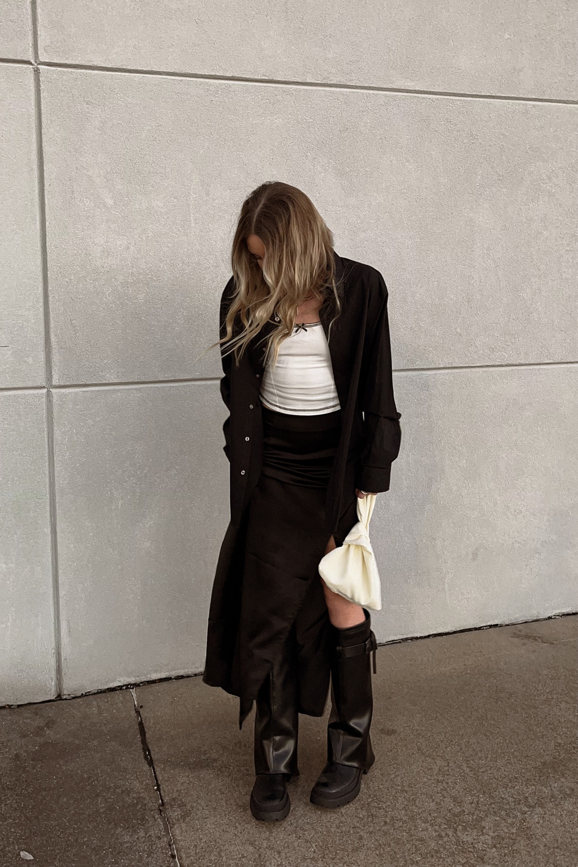 boho outfit, spring outfit, maxi skirt, silk skirt, boho bag, foldover boots, black boots, corset top, bow aesthetic, oversized top, button up, blouse, black and white outfit

#LTKfindsunder100 #LTKstyletip #LTKitbag
