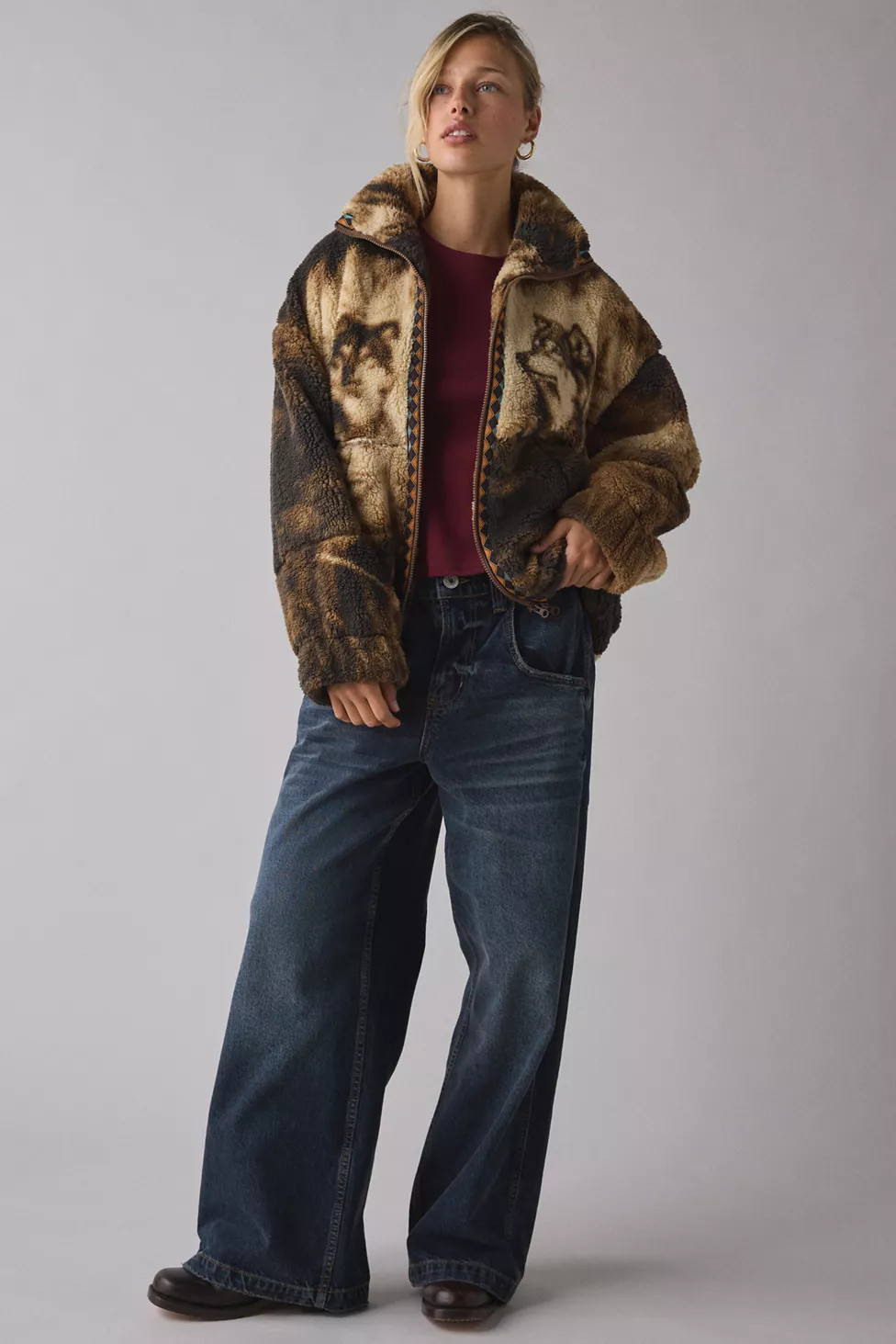 BDG Mae Printed Piled Fleece Zip-Up Jacket | Urban Outfitters (US and RoW)