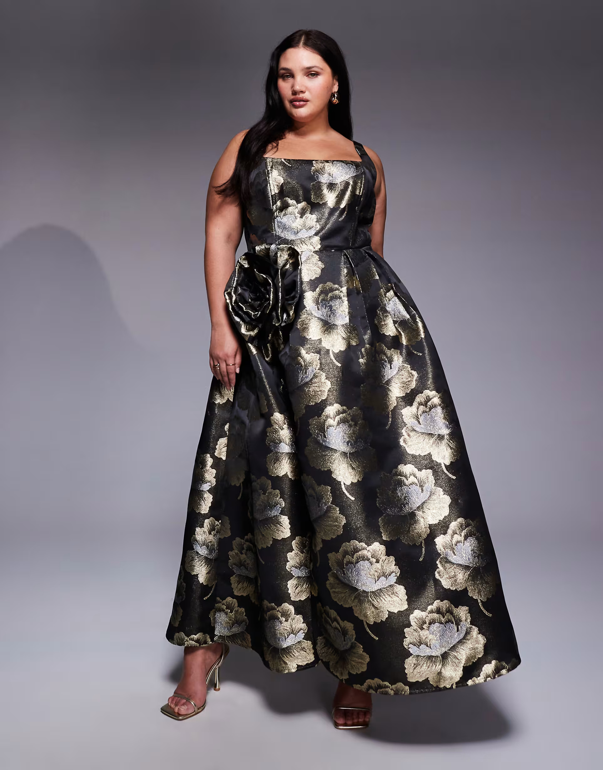 ASOS LUXE Curve jacquard 3D floral maxi dress in black and gold | ASOS | ASOS (Global)