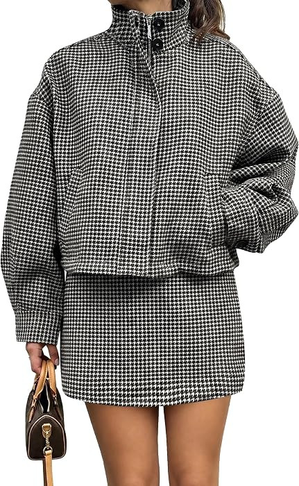Tankaneo Womens 2 Piece Skirt Sets Plaid Bomber Jackets and Mini Skirts | Amazon (US)