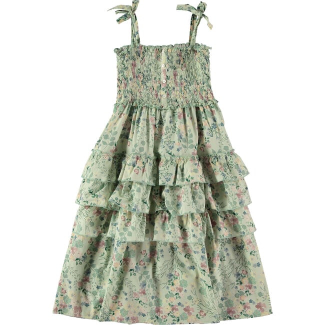 Floral Print Tie Shoulder Long Smock Dress, Green | Maisonette