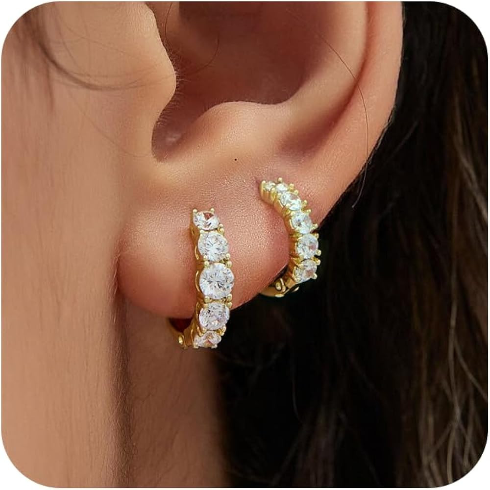 JINEAR Gold Hoop Earrings for Women 14K Gold Plated Cubic Zirconia Huggie Earrings 2Pairs Dainty ... | Amazon (US)
