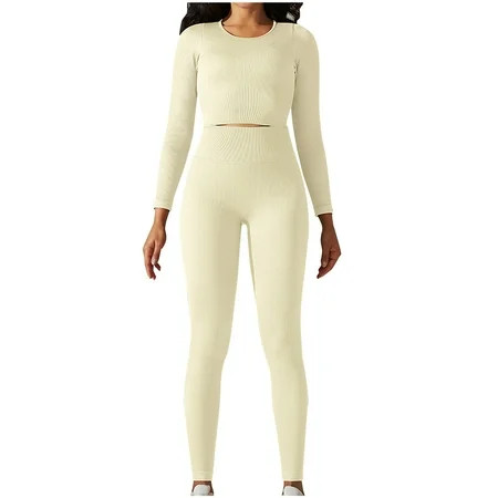 QUYUON Yoga Outfits for Women 2 Piece Seamless Ribbed High Waist Workout Leggings with Long Sleeve Crop Tops Exercise Set Two Piece Outfits Workout Sets White L | Walmart (US)