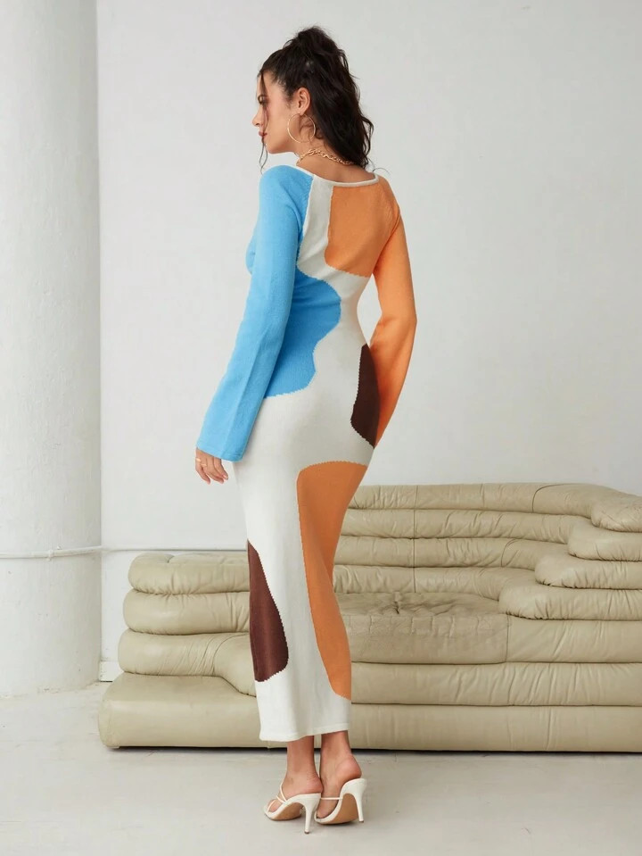 SHEIN Essnce Color Block Scoop Neck Bodycon Sweater Dress | SHEIN