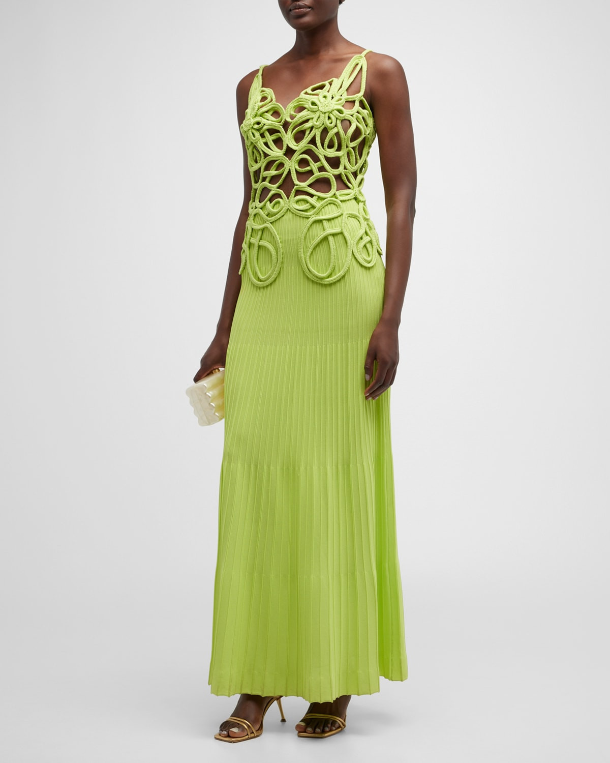 Nalda Open Crochet Bodice Pleated Midi Dress | Neiman Marcus