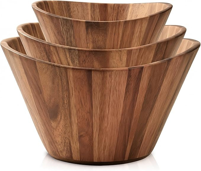 Woodenhouse Wooden Salad Bowl Set, Salad Bowls Set of 3 - Wavy Design Salad Bowl Set for Serving,... | Amazon (US)