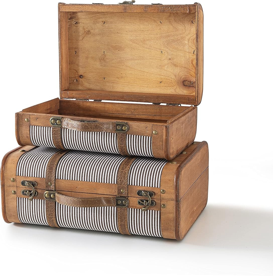SLPR Antique Striped Wooden Boxes with Hinged Lid: Set of 2 Wood Chests, Farmhouse Styled Small W... | Amazon (US)