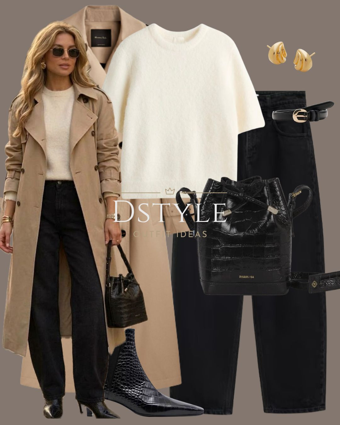 The perfect day-to-night neutral look 🖤 Soft cream short-sleeve knit, black denim, pointed croc booties, and a classic trench coat. 

 #LTKootd #LTKWorkwear