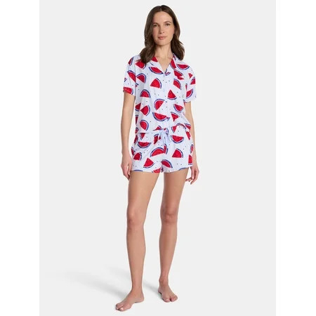 Watermelon Women's Knit Notch Collar Top and Shorts Pajama Set from Way to Celebrate, 2-Piece, Sizes XS-3X | Walmart (US)