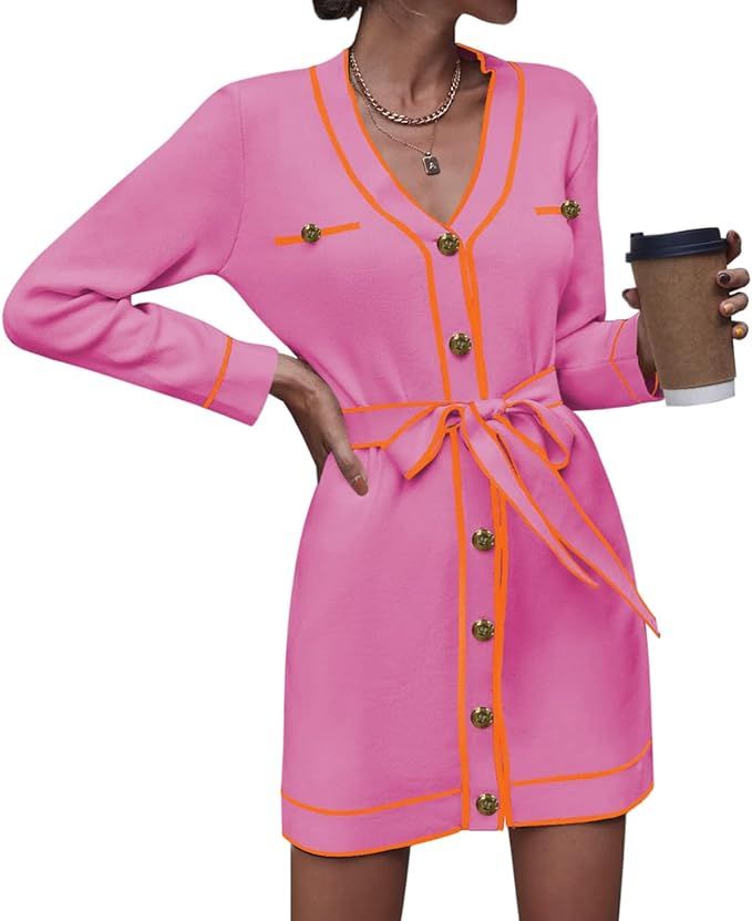 Pink Queen Women's V Neck Long Sleeve Mini Dress Elegant Button Down Open Front Color Block Knit ... | Amazon (US)