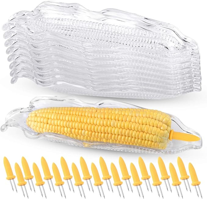 FEPITO 9 Pcs Corn Trays with 20 Pcs Corn Holders on the Cob Skewers Transparent Plastic Corn Dish... | Amazon (US)