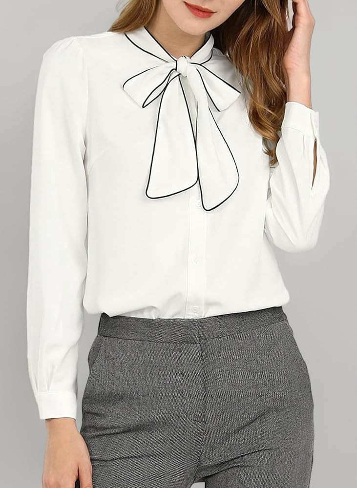 Allegra K Women's Elegant Pussy Bow Cuffed Long Sleeve Work Tie Neck Shirt | Amazon (UK)