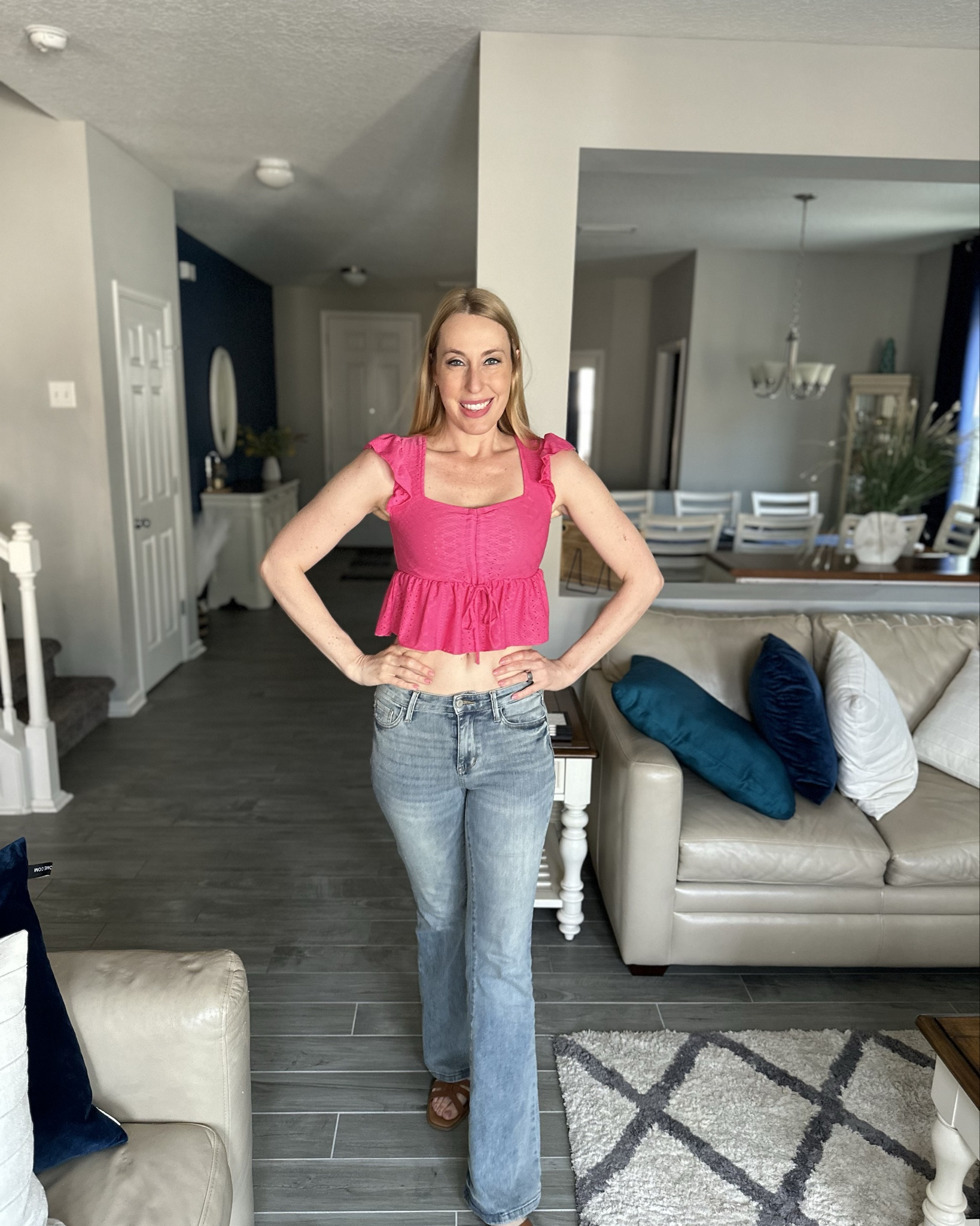 Pink eyelet crop top and jeans
💓 I love eyelet in the spring 
💓these jeans are great with everything. I love the flair style and wearing size 3
💓 wearing size small, fits true to size and I am 5’10”

#LTKFindsUnder50 #LTKFindsUnder100 #LTKStyleTip