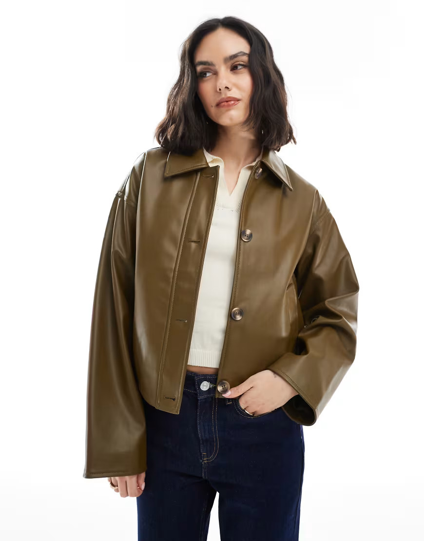 ASOS DESIGN leather look button through jacket in olive-Green | ASOS (Global)