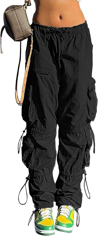 QYANGG Baggy Parachute Pants for Women Drawstring Elastic Low Waist Ruched Cargo Pants Multiple P... | Amazon (US)