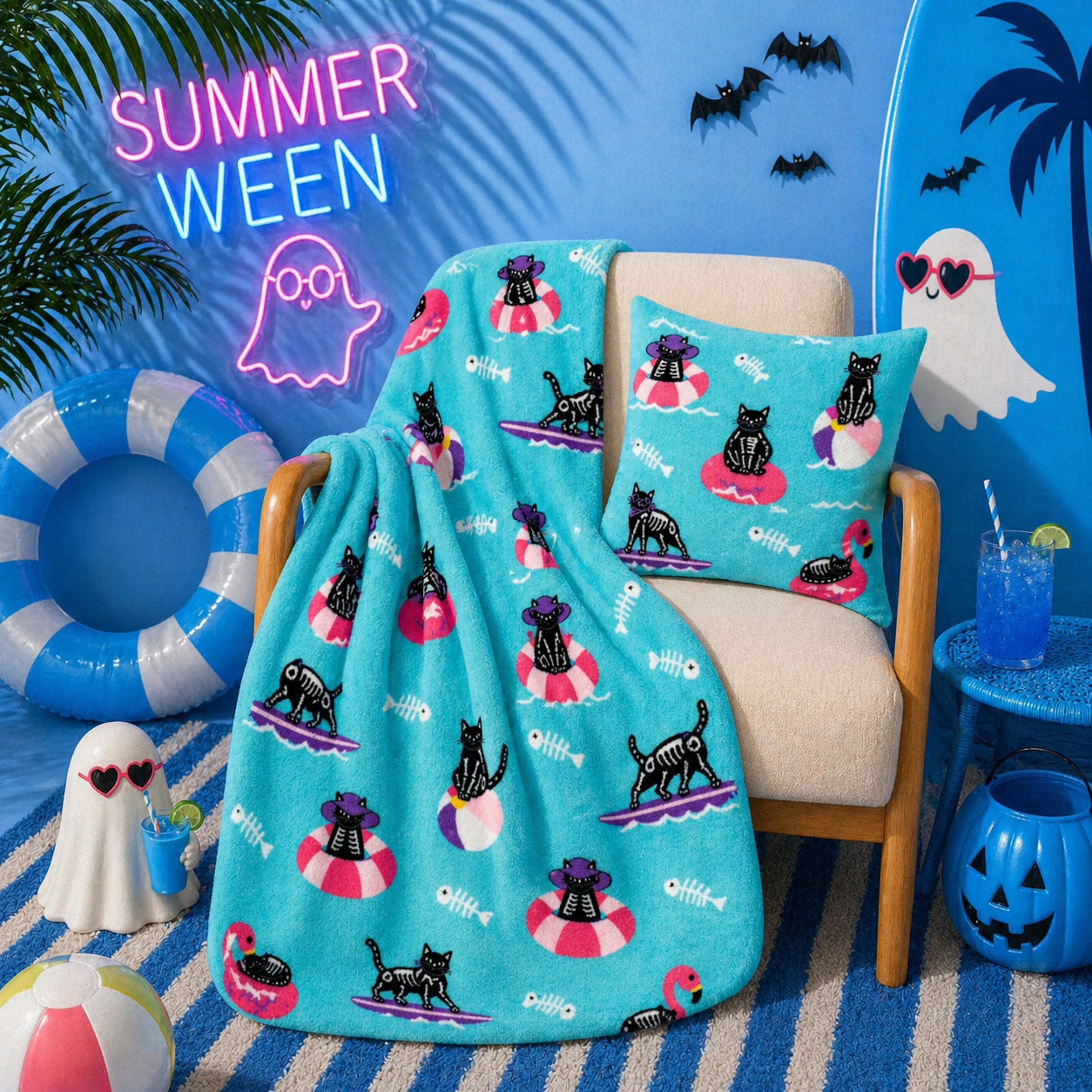 Summerween Plush Oversize Throw Blanket, Halloween Supper Soft Cozy Throw, Cats | Walmart (US)