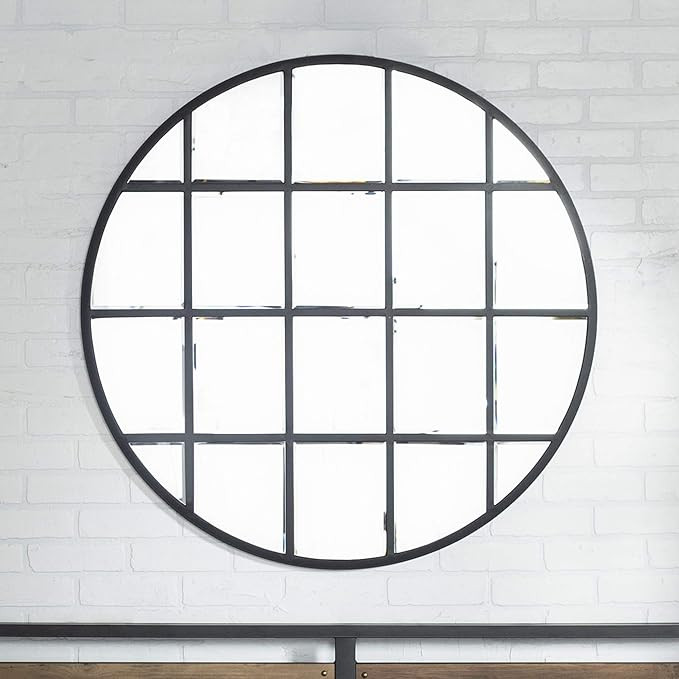 Walker Edison Furniture Company Modern Farmhouse Round Circle Grid Wall Mirror, 40", Black/Black | Amazon (US)