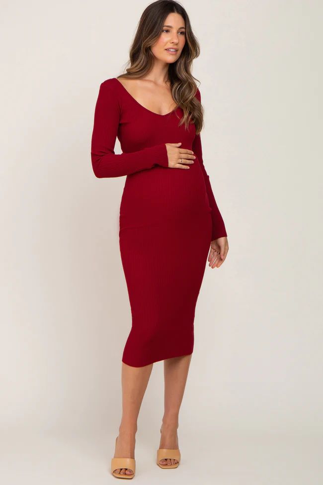 Burgundy Knit Ribbed Maternity Midi Dress | PinkBlush Maternity
