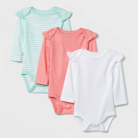 Baby Girls' 3pk Long Sleeve Basic Bodysuit - Cloud Island™ Coral | Target