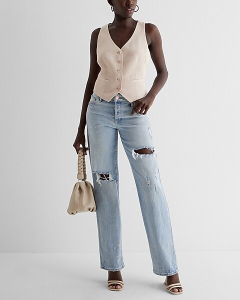 Linen-Blend Button Front Blazer Vest | Express