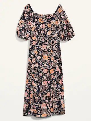 Puff-Sleeve Floral-Print Pintucked Smocked Midi Swing Dress for Women | Old Navy (US)