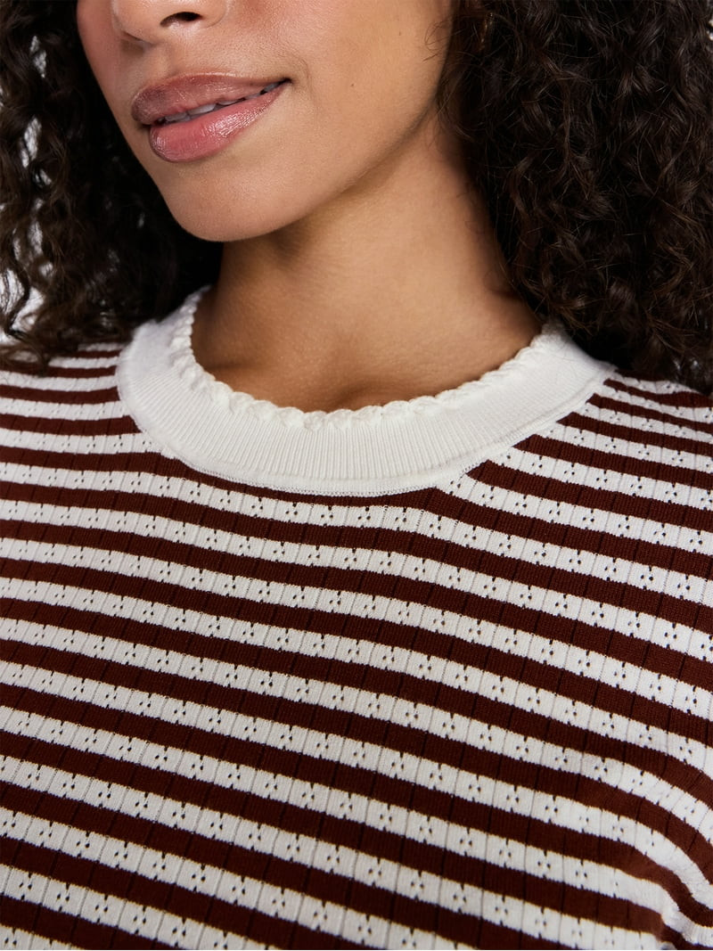 Time and Tru Women's Stripe Pointelle Rib Sweater with Long Sleeves, Lightweight, Sizes XS-XXXL | Walmart (US)