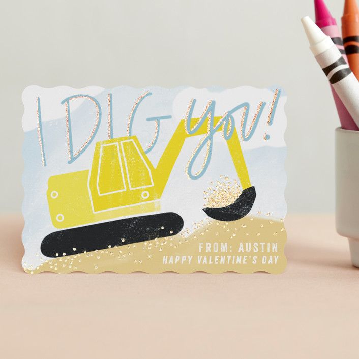 "I Dig You" - Customizable Foil Valentine Cards in Yellow by Krissy Bengtson. | Minted