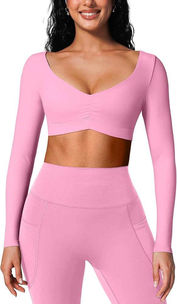 BRXL Long Sleeve Workout Crop Top for Women Built in Bra Gym Athletic Tops Deep V Neck Ruched Pad... | Amazon (US)