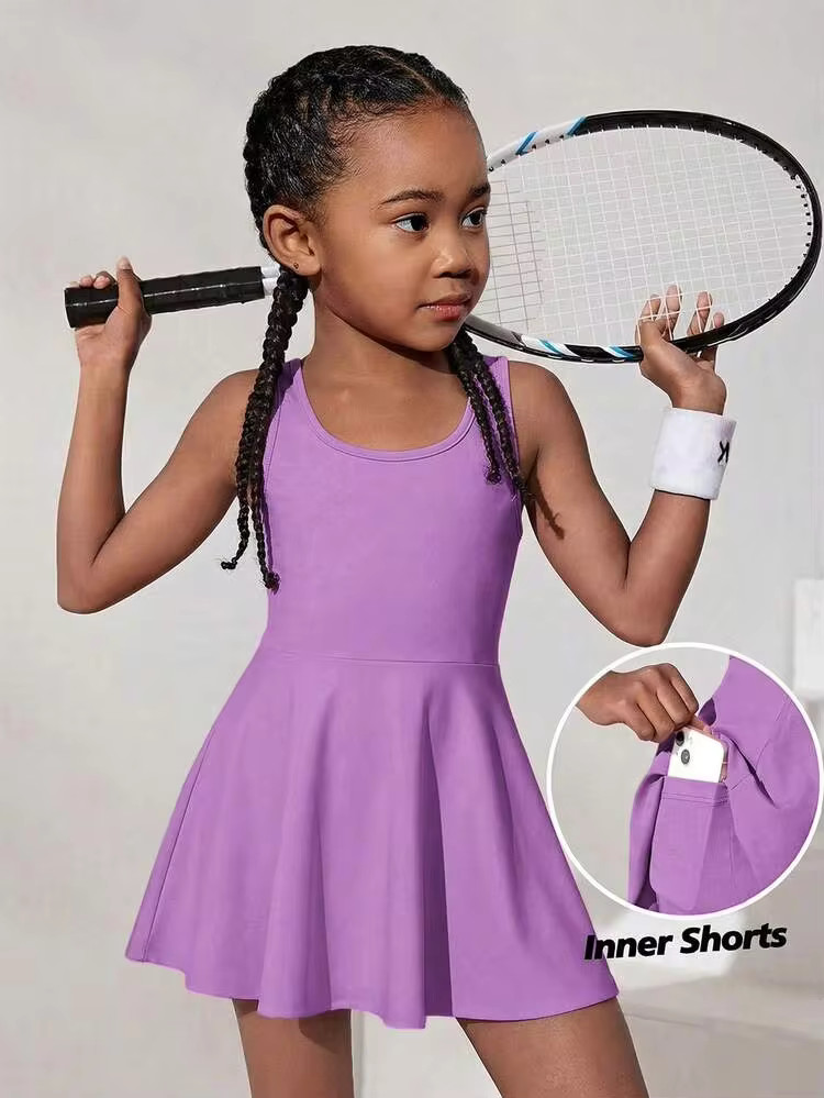 SHEIN Young Girl Solid Color Crew Neck Sleeveless Fitted Casual Dress Sportswear | SHEIN