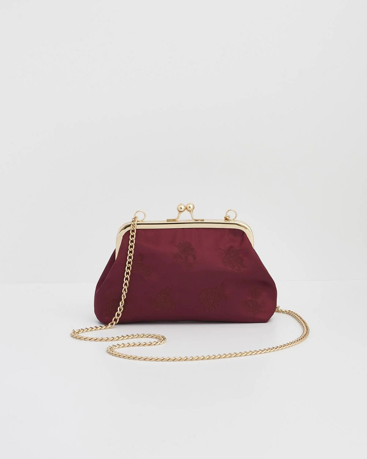 Victoriana Embroidered Burgundy Satin Clutch Bag | Fable England