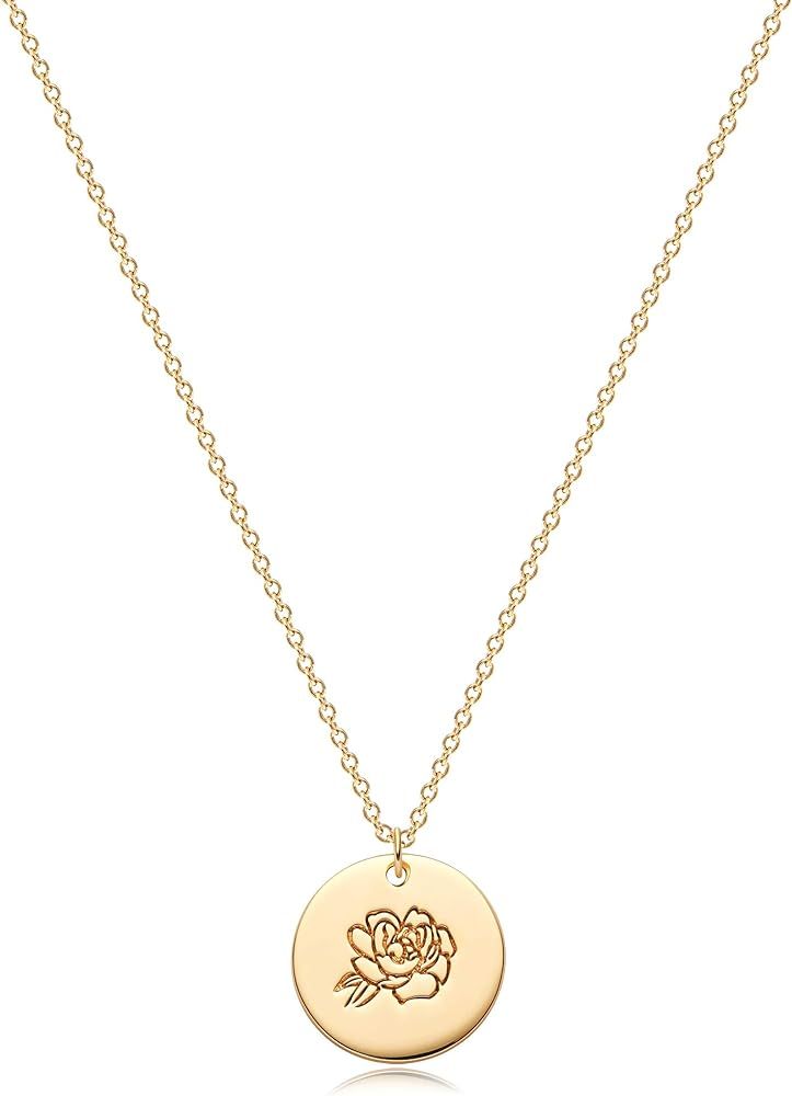Fettero Birth Month Flower Necklace for Women Gold Disc Round Medal Pendant Engraved Floral 14K G... | Amazon (US)
