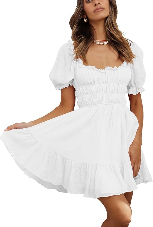 Rozegaga Womens Off Shoulder Lantern Sleeve Waist Back Tie Aline Casual Mini Dress | Amazon (US)