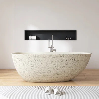 67" X 31" Freestanding Artificial Stone Bathtub Travertine With Built-In Footrest Shelf | Wayfair North America