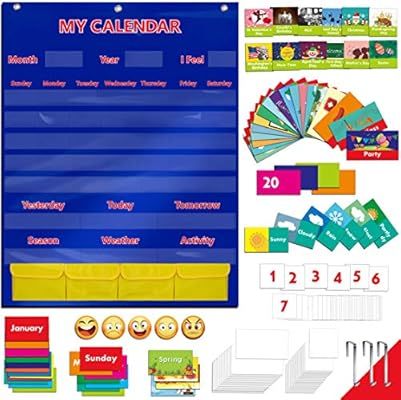 Calendar and Weather Pocket Chart with 148 Cards,(108 Illustrated Activity Cards, 40 Dry Erasable... | Amazon (US)