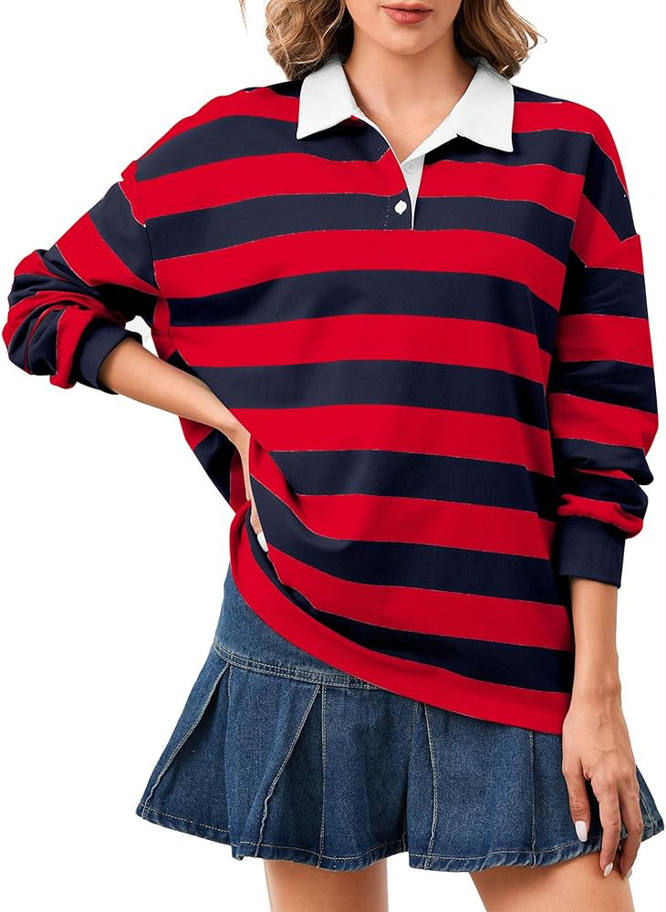 Women's Oversized Striped Polo Sweatshirt Long Sleeve Rugby Collared Pullover Tops Loose Fit Shir... | Amazon (US)