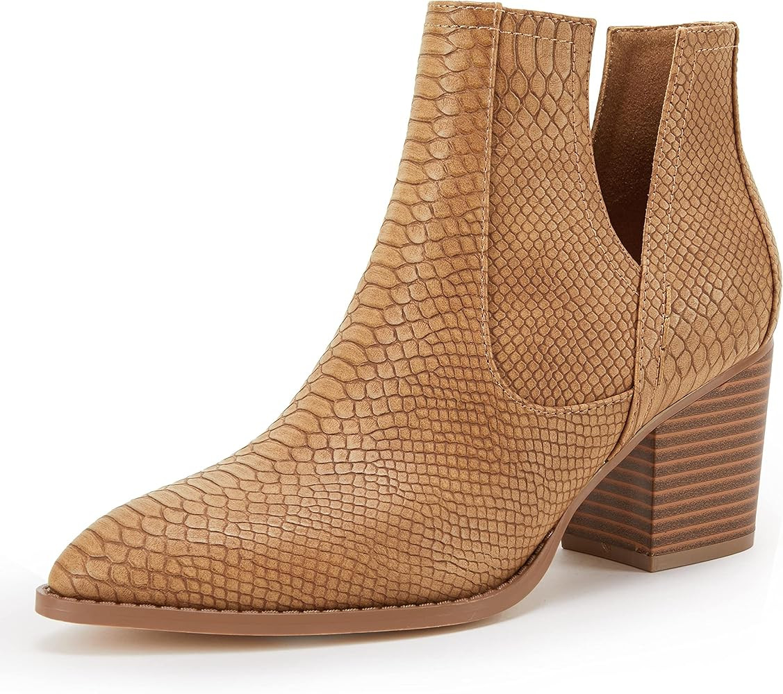 Womens Ankle Boots Slip on Cutout Pointed Toe Snakeskin Chunky Stacked Mid Heel Booties | Amazon (US)