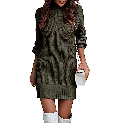 Women Turtleneck Sweater Dress Solid Color Ribbed Long Sleeve Dress Fall Winter Knitted Mini Dress for Party Cocktail (Dark Green, S) | Amazon (US)