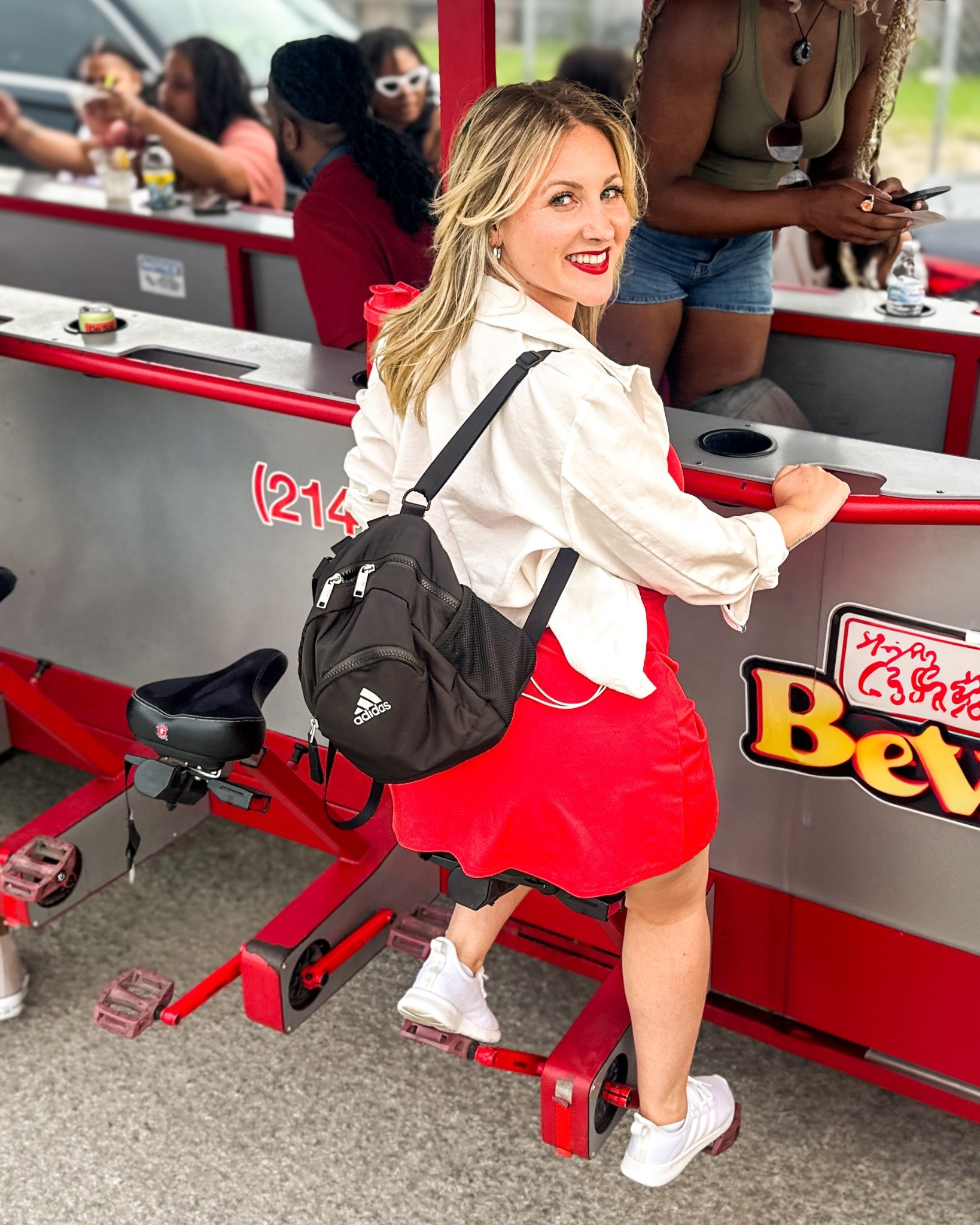 What to wear for party bike experience, bar bike outfit, biking birthday outing outfit idea. Red athletic tank dress with shorts, white cropped jacket, adidas sneakers 

#LTKActive #LTKSeasonal #LTKFindsUnder50