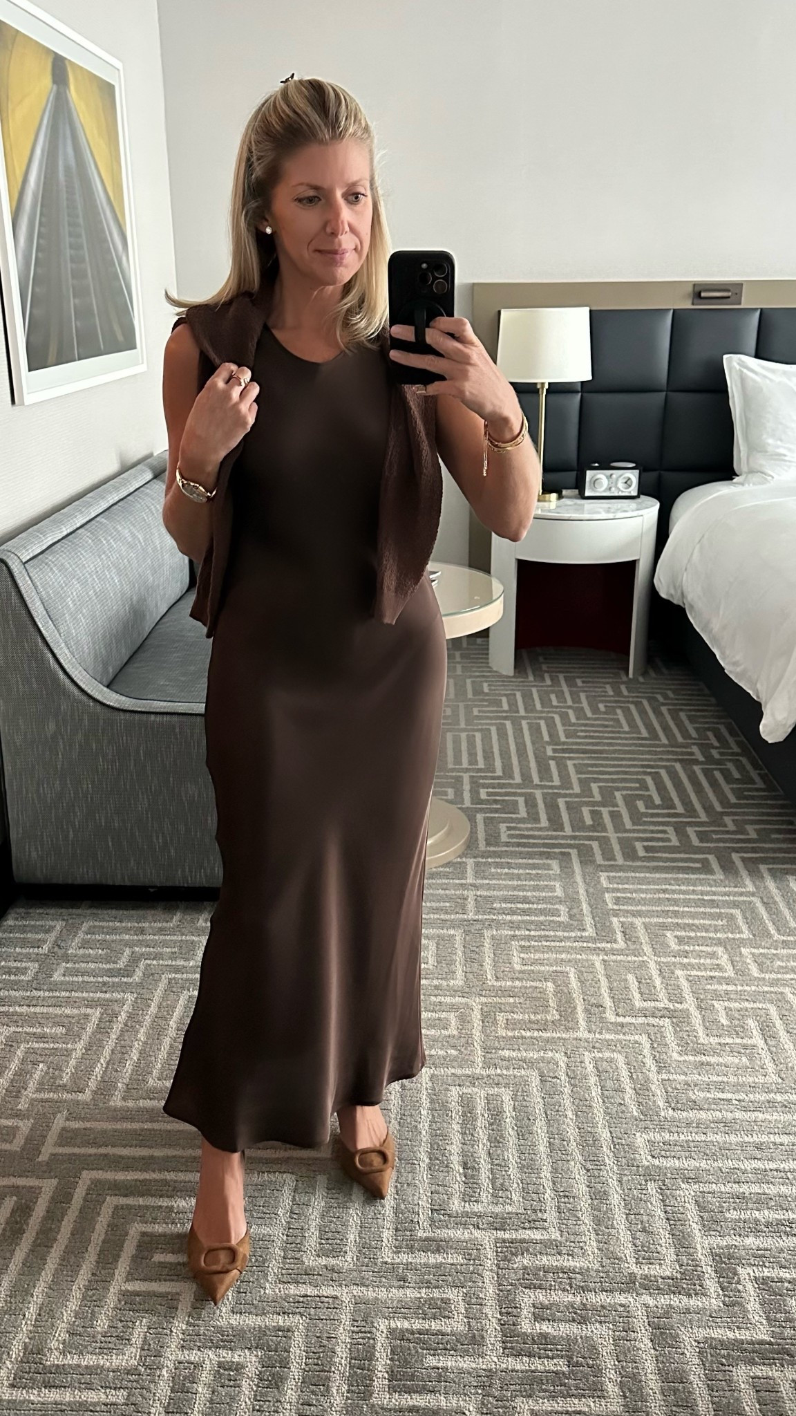 Fall work outfit - monochromatic brown under $80 each! This silk tank dress can be dressed up down! Throw a sweater over it in winter and pair with boots. Such a great staple. TTS - I’m in a small and I’m 5’3”. 
Shoes are incredibly comfy with a cushioned sole, $60. I’m normally a 8.5-9 in shoes but that equivalent to a Zara 8 which is a European 39.  See my pinned post with the size chart  

Work outfit 
Date night
Girls night
Midi dress
Maxi dress 
Kitten keep
Sling backs mules
Suede tonal
Gold jewelry diamonds


#LTKStyleTip #LTKPetite #LTKWorkwear