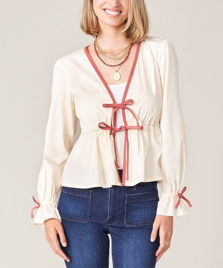 Spartina 449 Light Beige Tie-Front Joni Long-Sleeve Top - Women | Zulily