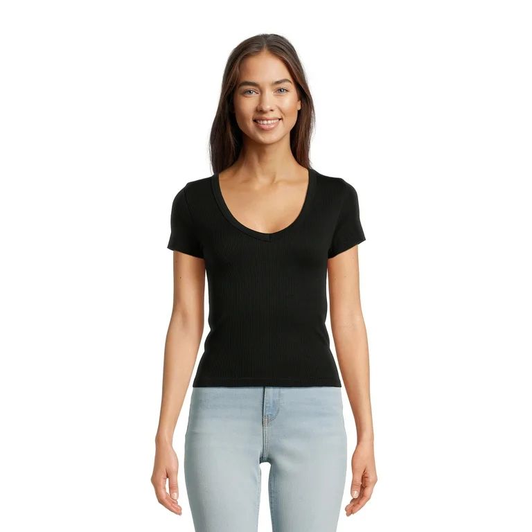 No Boundaries Juniors’ Seamless V-Neck Tee with Short Sleeves | Walmart (US)