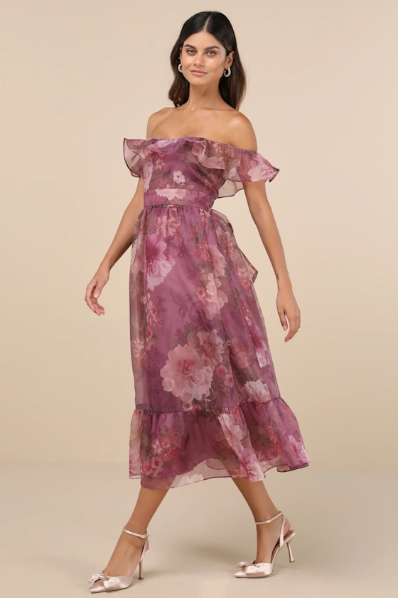 Sweet Composure Plum Floral Organza Off-the-Shoulder Midi Dress | Lulus