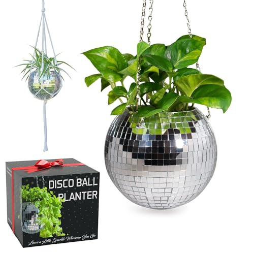 SCANDINORDICA Disco Ball Planter – Value Package: Disco Planter with Chain, Macrame Hanger and Acrylic Stand, Includes Self Watering Insert, Preppy Room Decor, Funky Decor | 8 inch Silver | Amazon (US)