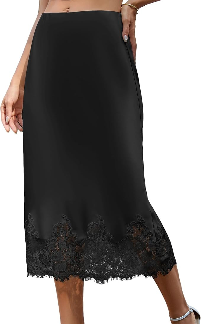 Bsubseach Women Satin Midi Skirt Elastic Waist A-Line Skirt with Lace Trim | Fall Silk Long Skirt... | Amazon (US)