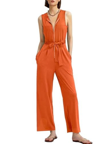 CHERFLY Jumpsuits for Women Dressy Summer Formal Outfits Zipper Up Overalls 2025(Mandarin Orange,L) | Amazon (US)